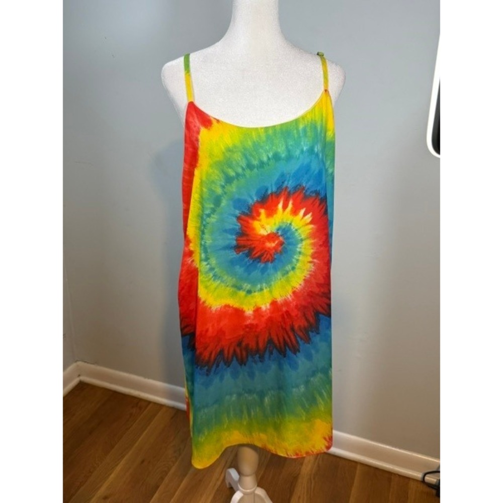 Alice + Olivia Rainbow Tie Dye Shift Dress Size Large Spiral Spaghetti Strap
